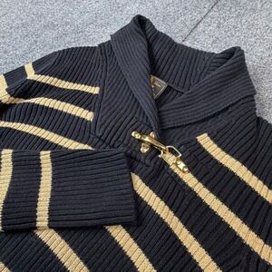 Lauren Ralph Lauren Black Gold Striped Shawl‎ Collar Toggle Sweater Large